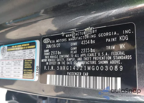 2021 Kia K5 Lxs z USA, uszkodzony, nr VIN 5XXG14J21MG003089